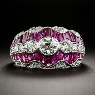 Art Deco Style Three-Stone Diamond and Calibre Ruby Ring - 1