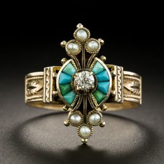Victorian Diamond, Turquoise and Seed Pearl Ring - 1