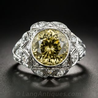 11.40 Carat Yellow Zircon and Diamond Art Deco Ring
