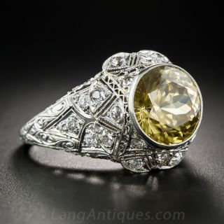 11.40 Carat Yellow Zircon and Diamond Art Deco Ring