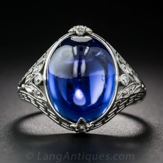 12.50 Carat No-Heat Ceylon Cabochon Sapphire and Diamond Ring - 1