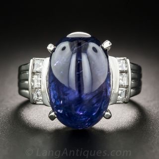 12.94 Carat No Heat Oval Cabochon Sapphire Platinum Diamond Ring Madagascar