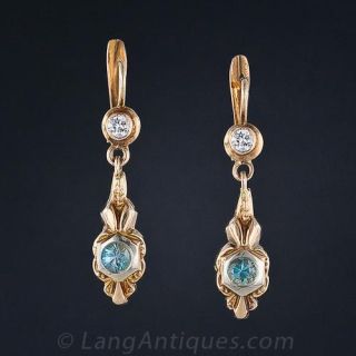 12K Blue Zircon and Diamond Drop Earrings