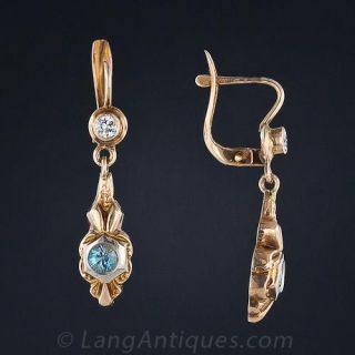 12K Blue Zircon and Diamond Drop Earrings