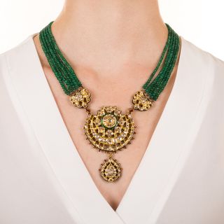 14.50 Carats Rose-Cut Diamond, Emerald and Enamel Mughal Necklace