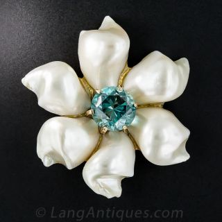14k Pearl and Blue Zircon Brooch