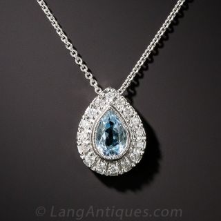 14K White Gold Aquamarine and Diamond Pendant