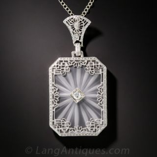 14K White Gold Carved Quartz and Diamond Pendant