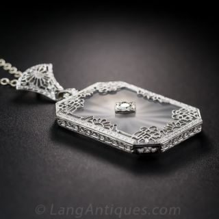 14K White Gold Carved Quartz and Diamond Pendant