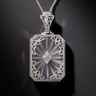 14K White Gold Carved Quartz Diamond Pendant