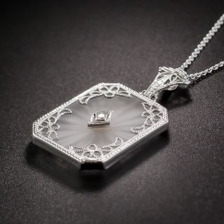 14K White Gold Carved Quartz Diamond Pendant