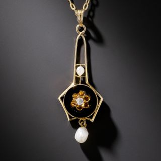 14K Yellow Gold Diamond, Pearl and Onyx Pendant