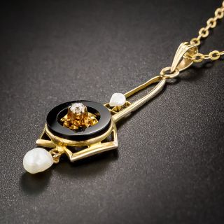 14K Yellow Gold Diamond, Pearl and Onyx Pendant