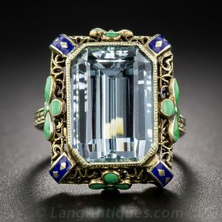 14K Yellow Gold Enamel Aquamarine Ring