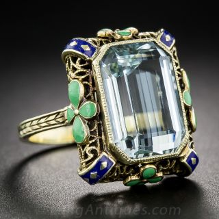14K Yellow Gold Enamel Aquamarine Ring