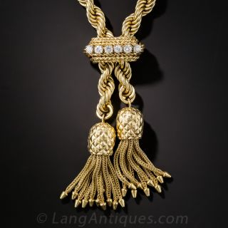 14K Yellow Gold Rope, Diamond and Pineapple Tassel Slide Necklace by Hammerman