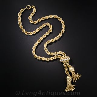 14K Yellow Gold Rope, Diamond and Pineapple Tassel Slide Necklace by Hammerman