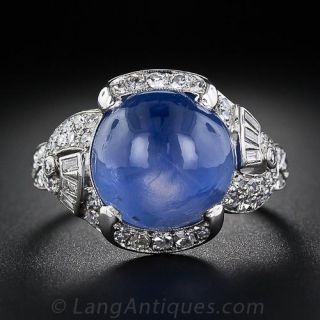15 Carat Blue Star Sapphire and Diamond Art Deco Ring