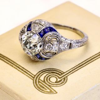 Art Deco 1.31 Carat Diamond and Sappphire Ring - GIA K VS1