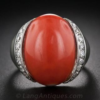 18 Karat White Gold Coral and Diamond Ring