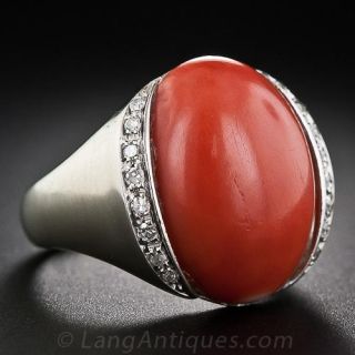 18 Karat White Gold Coral and Diamond Ring