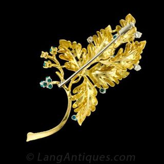 18 Karat Yellow Gold, Diamond and Turquoise Leaf Pin