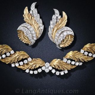 18K and Platinum Leafy Diamond Necklace and Earring Set