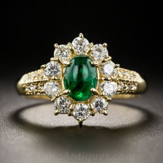18K Cabochon Emerald and Diamond Ring - 1