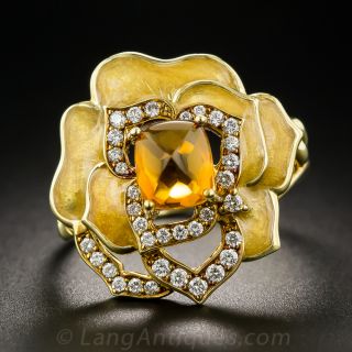 18K Citrine Enamel and Diamond Flower Ring