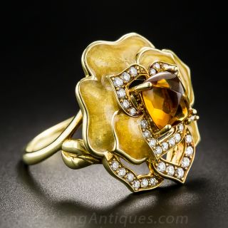18K Citrine Enamel and Diamond Flower Ring