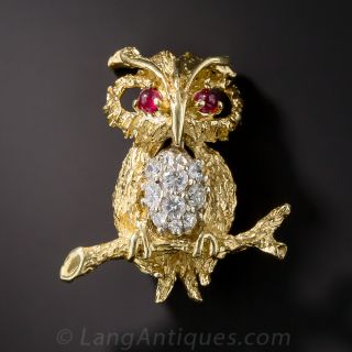 18K Diamond Owl Pin