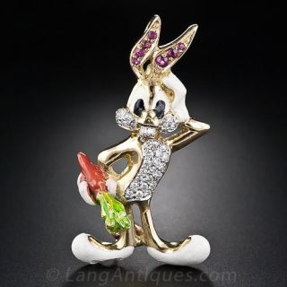 18K Diamond, Ruby and Enamel Bugs Bunny Necklace and Pin