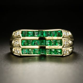 Emerald and Diamond Three-Row Ring - 2