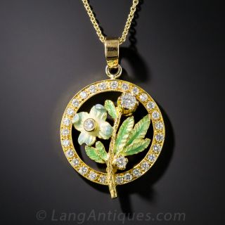18K Enamel and Diamond Flower Pendant - 1