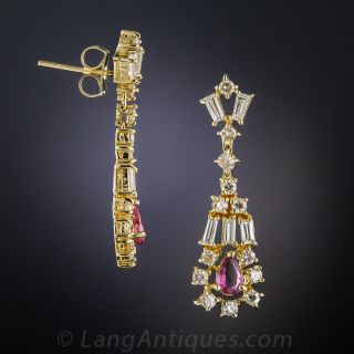 18K Estate Ruby and Diamond Dangle Earrings