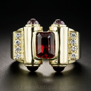 18K Garnet and Diamond Modern Diamond Ring - 1