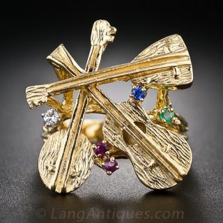 18k Gold and Gemstone String Instruments Ring