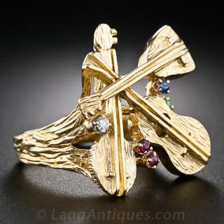 18k Gold and Gemstone String Instruments Ring