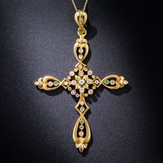 18K Gold Antique Cross with Diamonds and Emerald Accents