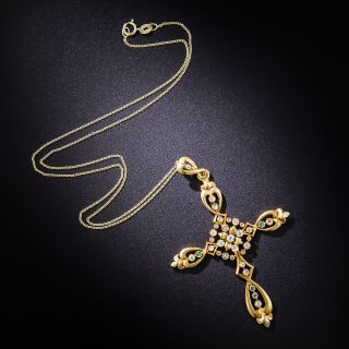 18K Gold Antique Cross with Diamonds and Emerald Accents