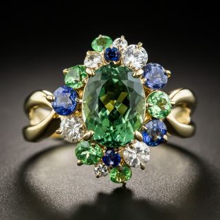 18K Green Tourmaline Diamond Sapphires Ring - 2