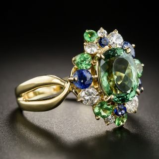 18K Green Tourmaline Diamond Sapphires Ring