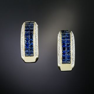18K Invisible-Set Sapphire Diamond Hoop Earrings - 2