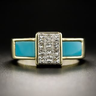 18K Invisibly Set Diamond and Turquoise Ring - 2