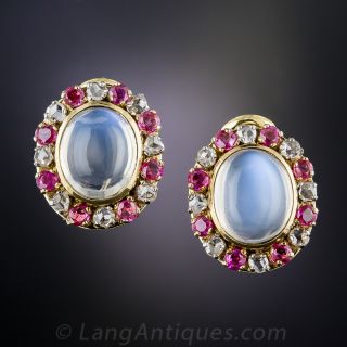 18K Moonstone, Ruby, and Diamond Earrings