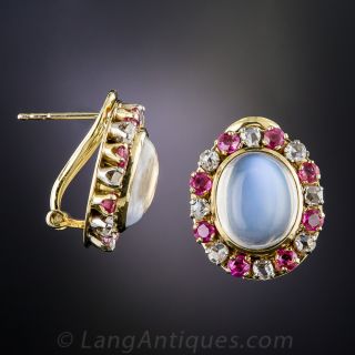 18K Moonstone, Ruby, and Diamond Earrings