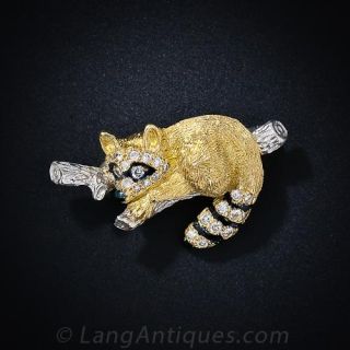 18K Platinum and Diamond Racoon Pin