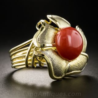 18K Red Coral Flower Ring 