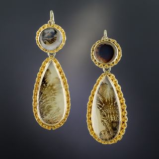 18K Victorian Day and Night Dedritic Agate Drop Earrings