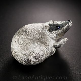 18K White Gold and Enamel English Badger Brooch